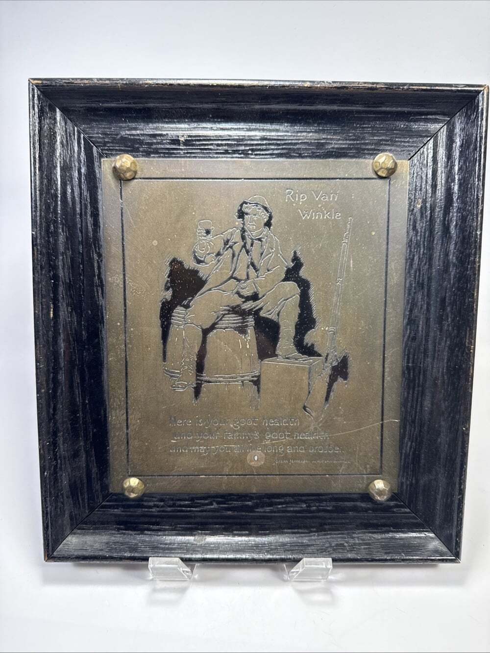 Vtg Etched Brass Rip Can Winkle Salut Pub Wall Hanging Framed Art